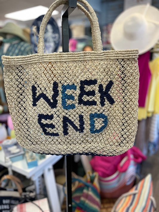 Jute" Weekend" Bag with navy letters